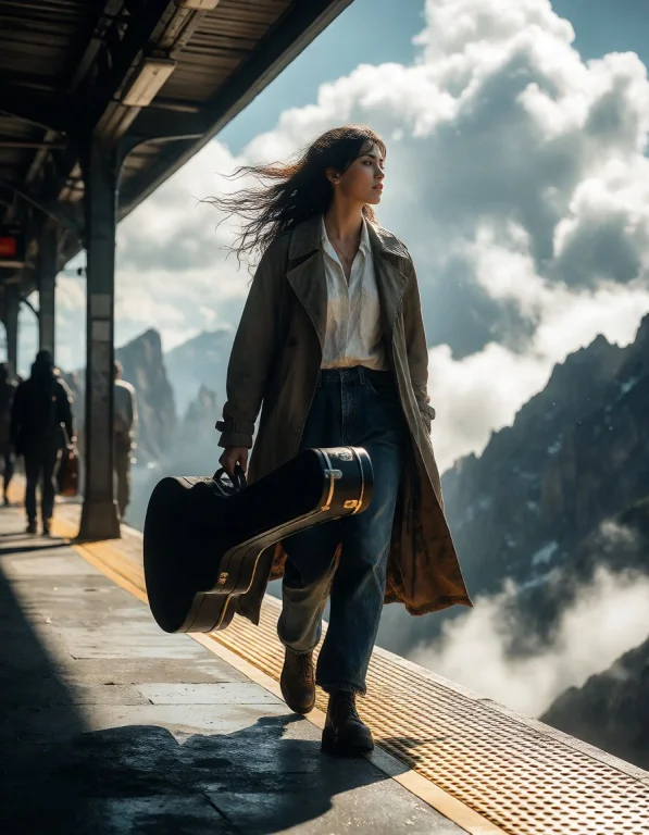 A Female Musician Carrying An Instrument Case Through The Ci...