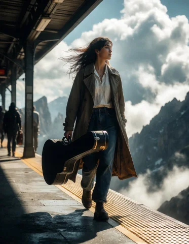 A Female Musician Carrying An Instrument Case Through The Ci... — Stable Diffusion AI Prompt: a female musician carrying an instrument case through the city, walking alone th...