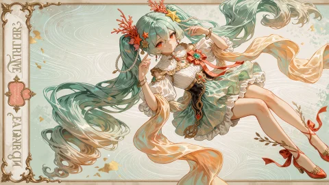 An Ornate Pastel Poster Illustration In Soft Mint-green, Ivo... — Stable Diffusion AI Prompt: An ornate pastel poster illustration in soft mint-green, ivory, coral and pale g...