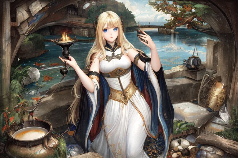 Outdoor Solo, Waifu Sorceress With Blonde Hair, Blue Eyes, W...