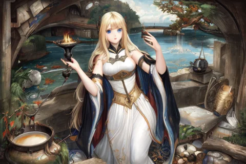 Outdoor Solo, Waifu Sorceress With Blonde Hair, Blue Eyes, W... — Stable Diffusion AI Prompt: outdoor; solo, waifu sorceress with blonde hair, blue eyes, white dress and blac...