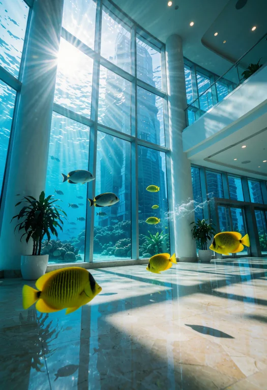 Frutiger Aero, An Underwater View Of A Glass Skyscraper Lobb...