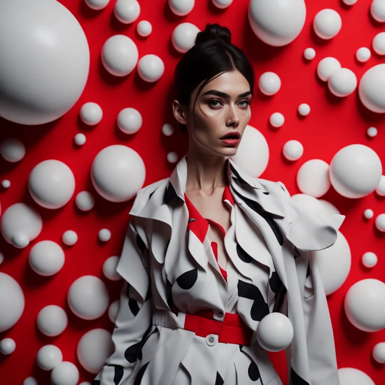 A Woman Standing In Front Of A Red And White Circle With Whi...