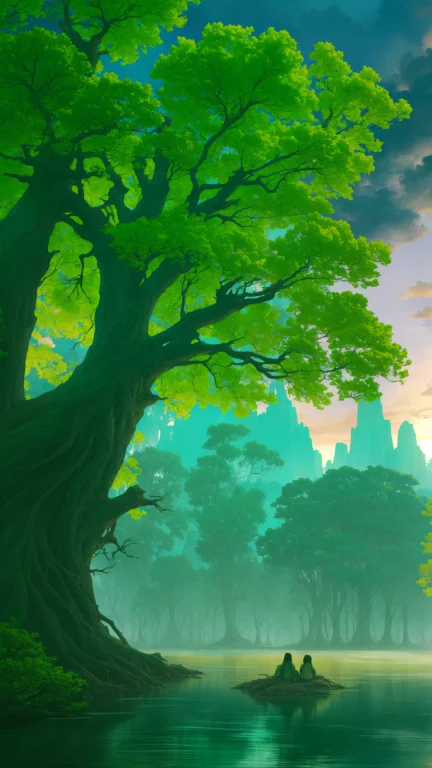 Scenery, Conceptart, A Giant Tree Next To A River Of Green W...