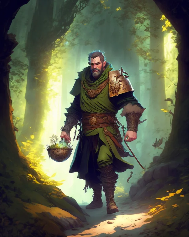 A King Walking Through A Dark Forest Holding Treasure, Chara...