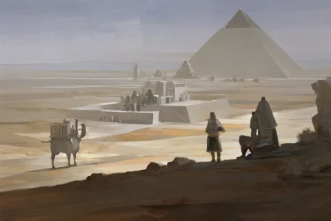 A Painting Of A Desert With A Pyramid In The Background And... — Stable Diffusion AI Prompt: a painting of a desert with a pyramid in the background and a camel in the foreg...