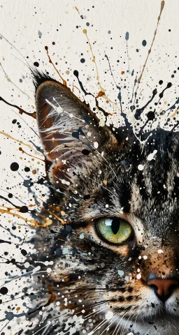 A Photorealistic Cat Rendered In Spattered And Flung Colour... — Stable Diffusion AI Prompt: A photorealistic cat rendered in spattered and flung colour ink, half of its fac...
