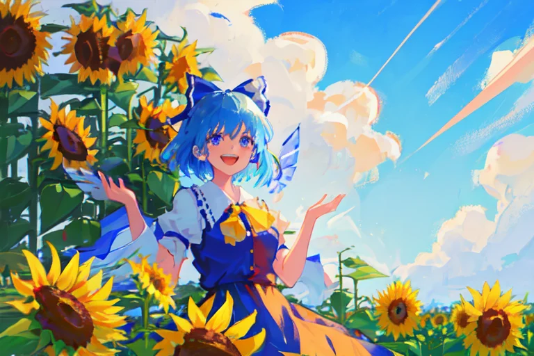 1girl, Solo, Cirno, Touhou Project, Sunflowers, Smiling, Foc...