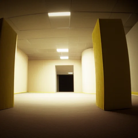 Scrbackrooms With One Small Road Traffic Cone On The Floor — Stable Diffusion AI Prompt: scrbackrooms with one small (road traffic cone) on the floor