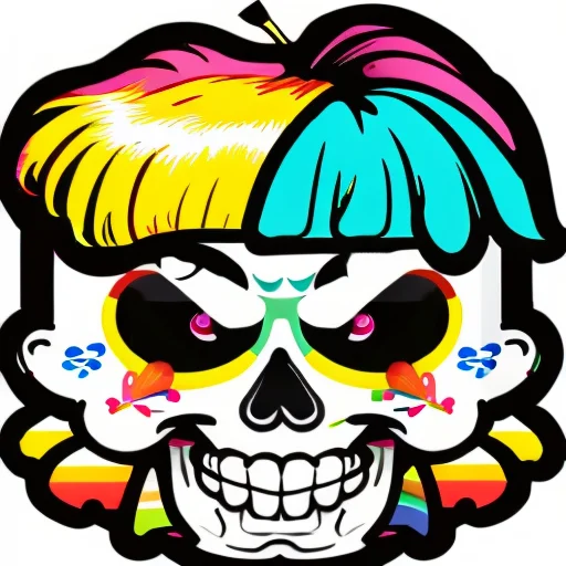 Sticker, Happy Colorful Skull Head, Spilled Paint, Kawaii, C...