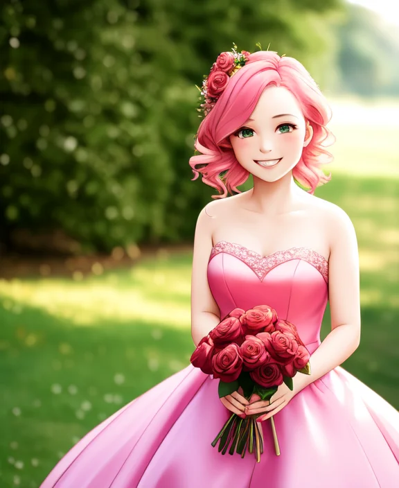 A Girl Wearing A Ball Gown And Holding A Bouquet Of Roses, C...