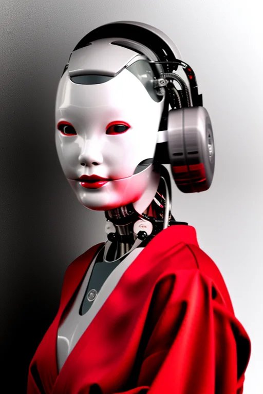 Modelshot Style, A Portrait Of Robot Woman In A Red Kimono,