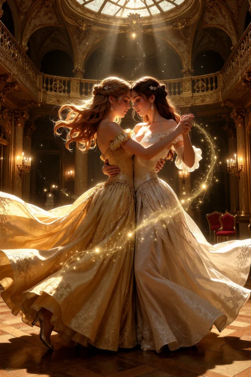 An Illustration Of Two Women Dancing Intimately In An Empty...