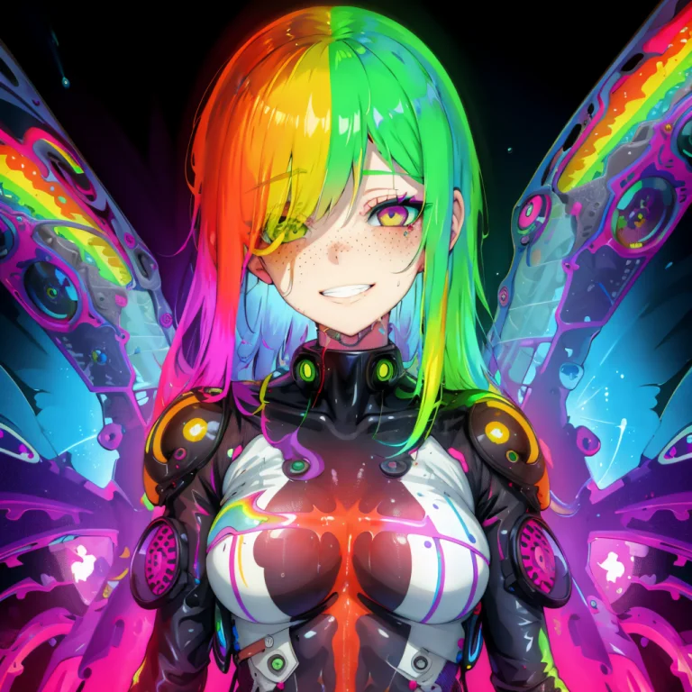 Girl, Freckles, Cyberpunk, Rainbow1.2, Grinning, Wet, High Q...