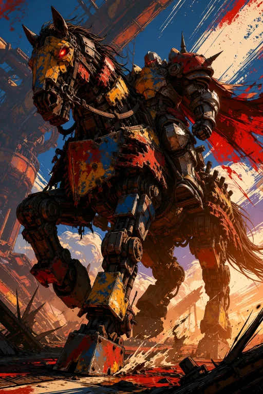 Medieval Mecha Knight Riding An Enormous Improvised Mechanic...
