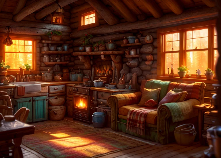 Cozy Rustic Cottagecore Living Room, Soft Focus, Bright Warm...