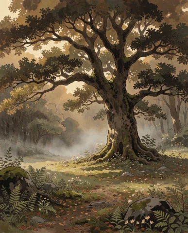 Storybook Drawing A Warm, Gentle Illustration Of A Magnifice... — Stable Diffusion AI Prompt: Storybook Drawing: A warm, gentle illustration of a magnificent ancient tree sta...
