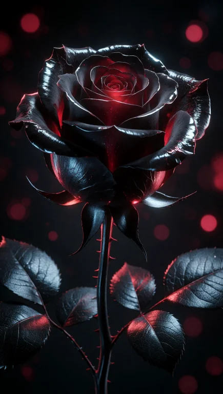 A Single Black Rose With Glossy, Metallic-blue Highlights Al...