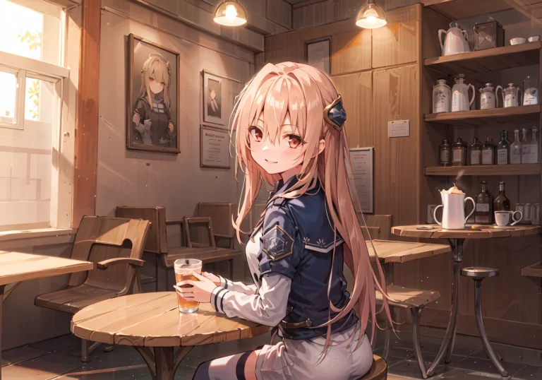 Masterpiece,best Quality,1girl, Solo, Cafe, Sitting, Hold Cu...