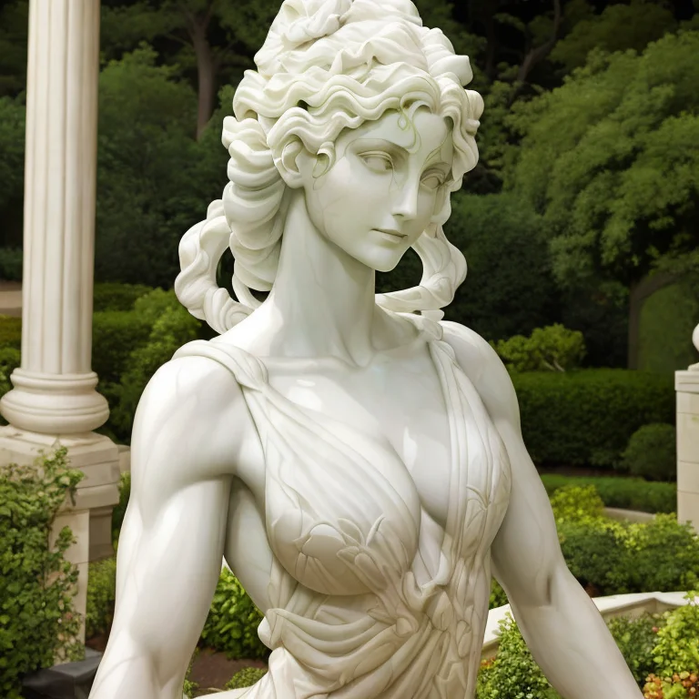 Marble Statue Of Woman Wearing Intricate Gown, Garden Backgr...