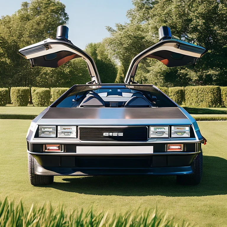 Front Photo Of A Delorean Car, With Doors Open, Parked On Gr...
