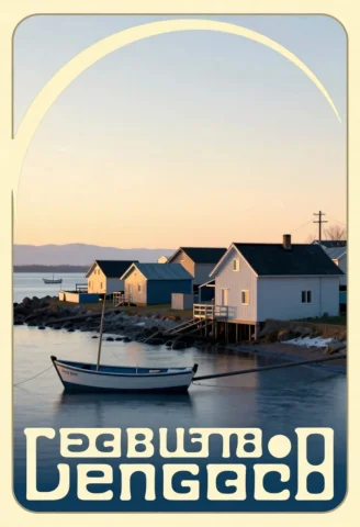 A Fishing Village Hushed At Golden Hour, Minimalist Style, W... — Stable Diffusion AI Prompt: a fishing village hushed at golden hour, minimalist style, wintry cool tones, at...
