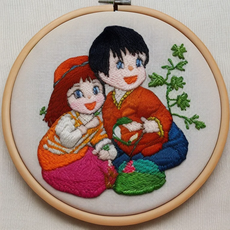 Brother Playing With His Sister, Embroidery By Embarg