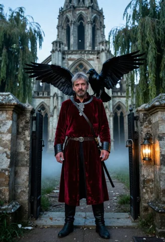 Eye-level Medium Shot Of An Ancient Knight In His Fifties In... — Stable Diffusion AI Prompt: Eye-level medium shot of an ancient knight in his fifties in tattered crimson ve...