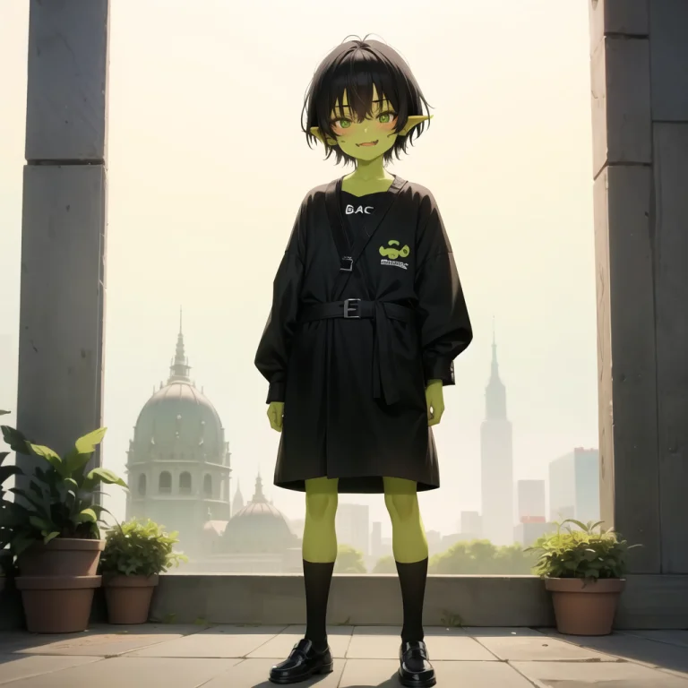Cute Face, Goblin, Black Hair, Full Body, Green Skin, Oversi...