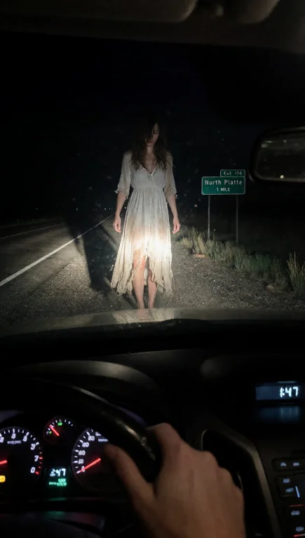 A Woman Stands Alone On The Shoulder Of A Dark Highway At Ni...