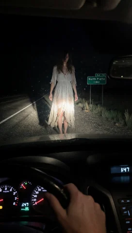 A Woman Stands Alone On The Shoulder Of A Dark Highway At Ni... — Stable Diffusion AI Prompt: A woman stands alone on the shoulder of a dark highway at night, illuminated by...