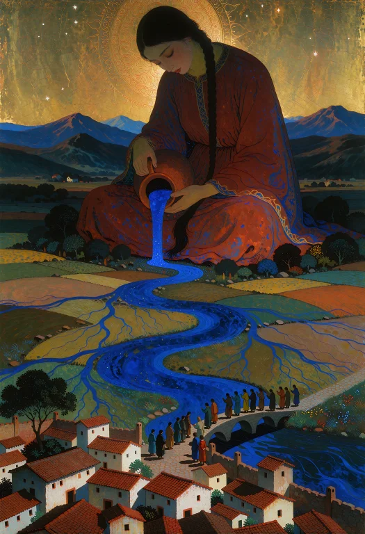 A Mythic Egg Tempera Painting Of A Colossal Woman Pouring A...
