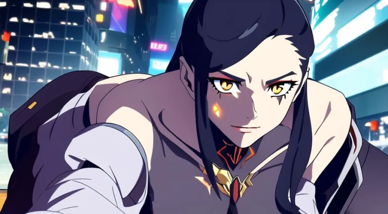 Woman With Black Long Hair, Cyberpunk City Background, Mecha...