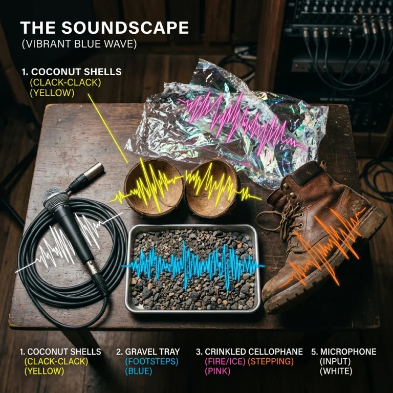 Top-down Flat Lay Of A Foley Artists Table Coconut Shells, G...