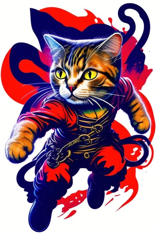 Cat, As A Ninja, White Background, Colorfull, Tappered Fine...