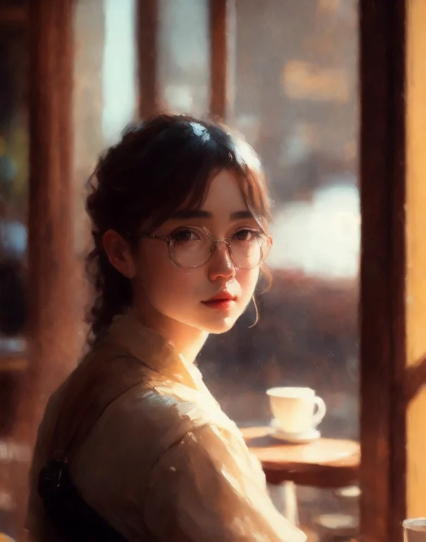 A Painting Of A Character In A Caf Environment, A Character...