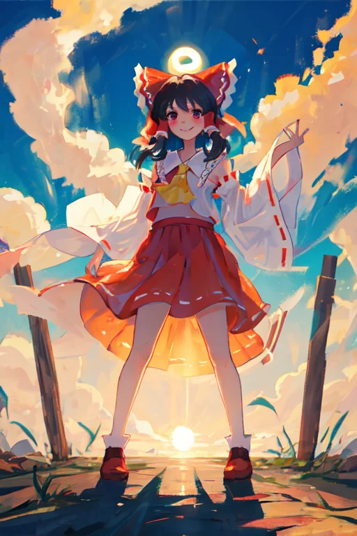 1girl, Reimu Hakurei, Standing, Sun Rays, Smiling, Light, Ba...