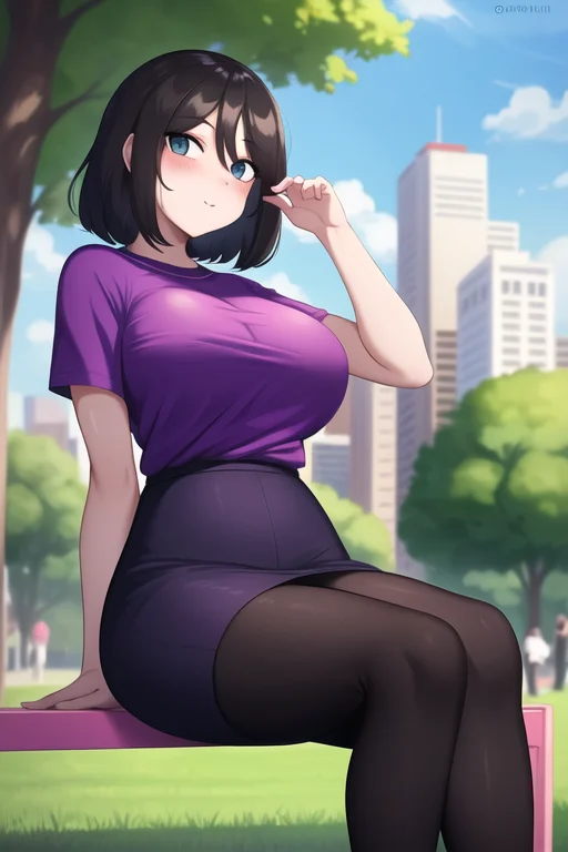 Mrii, Young Woman Sit In The Park, Skirt, Purple T-shirt,