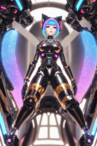 Full Body Portrait, Robotic Catgirl, Anime Face, Robotic Cat... — Stable Diffusion AI Prompt: full body portrait, robotic catgirl, anime face, robotic cat ears, short hologra...