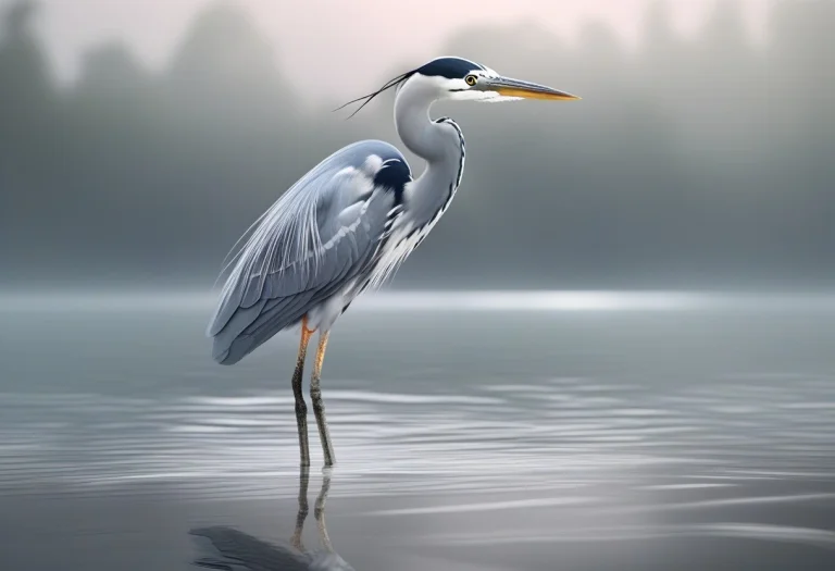 A Heron Standing Still In Glassy Shallows, Octane Render, Am...