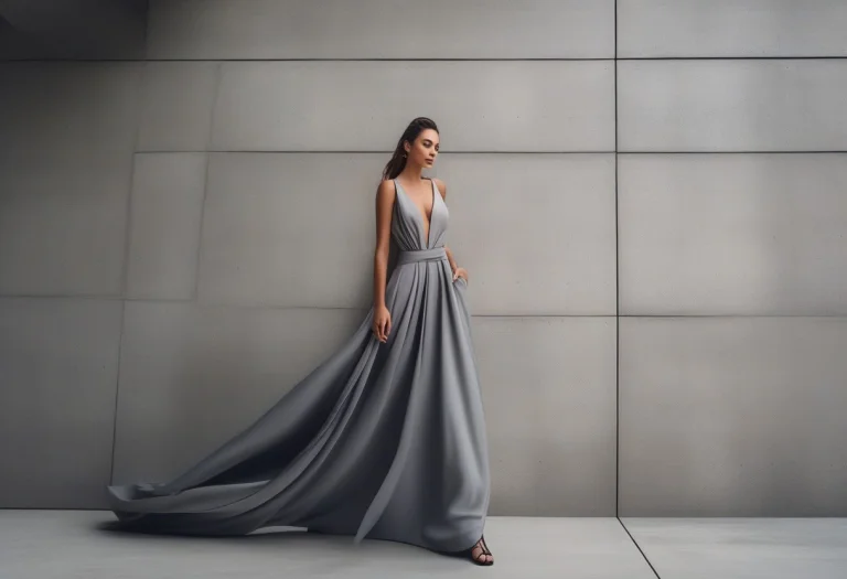A Model In A Flowing Gown Against A Concrete Wall, Photoreal...