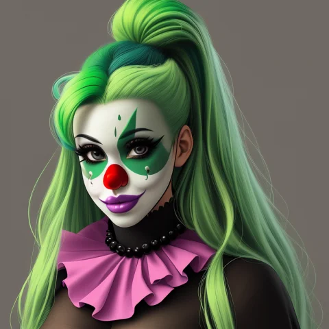 A Close Up Of A Person Wearing A Costume With A Green Hair A... — Stable Diffusion AI Prompt: a close up of a person wearing a costume with a green hair and a clown mask on h...