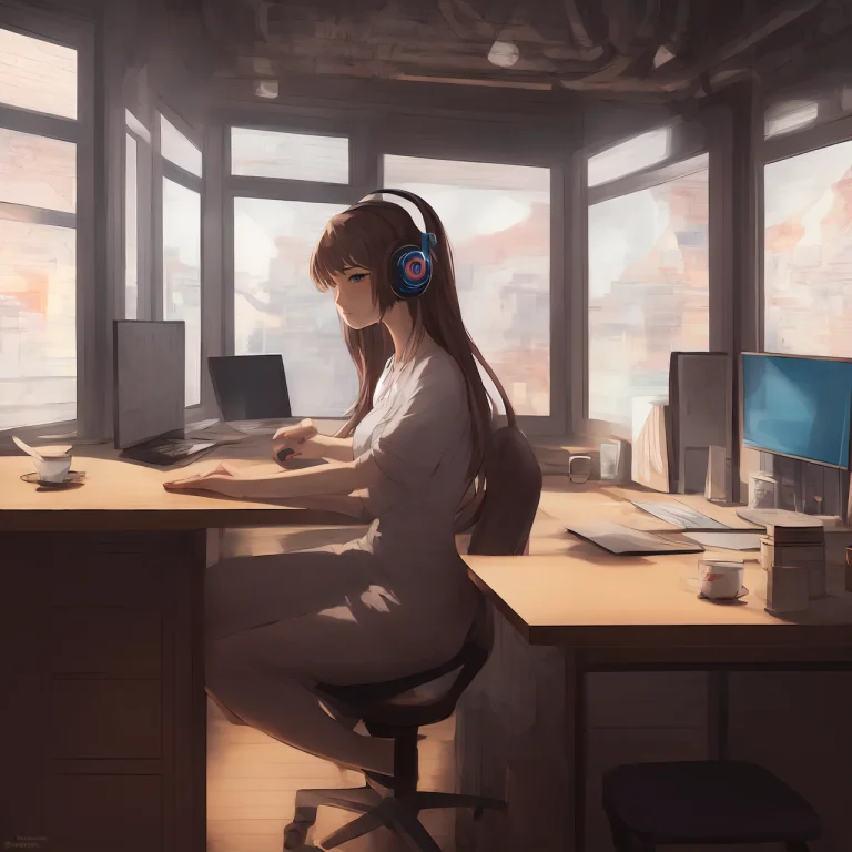 Anime, Pretty Woman, Sitting At A Desk, Wearing Headphones A...