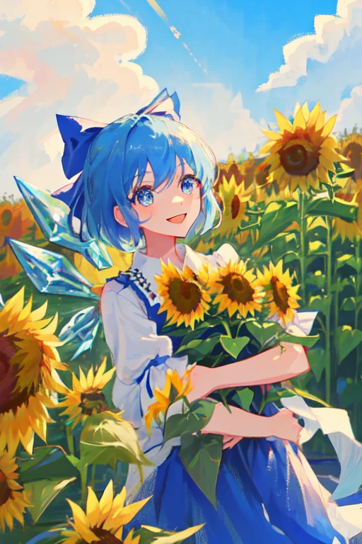 1girl, Cirno, Touhou Project, Sunflowers, Smiling, Focus Fac...