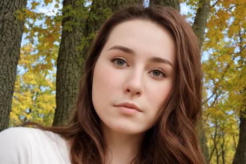 A Close Up Photo Of The Face Of A Beautiful Woman, Maple Tre... — Stable Diffusion AI Prompt: a close up photo of the face of a beautiful woman, maple trees, nature backgroun...