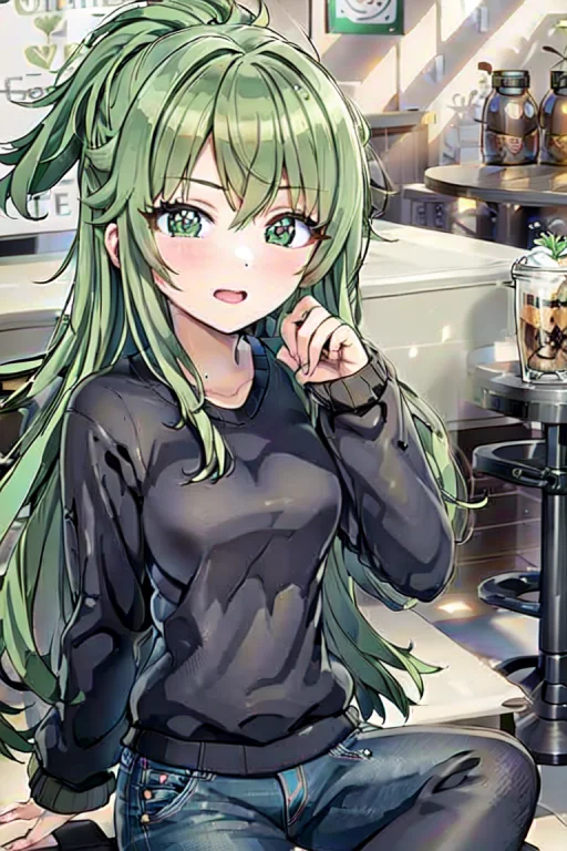 1girl, Solo, Coffee Shop, Green Hair, Beanie, Sweater, Jeans...