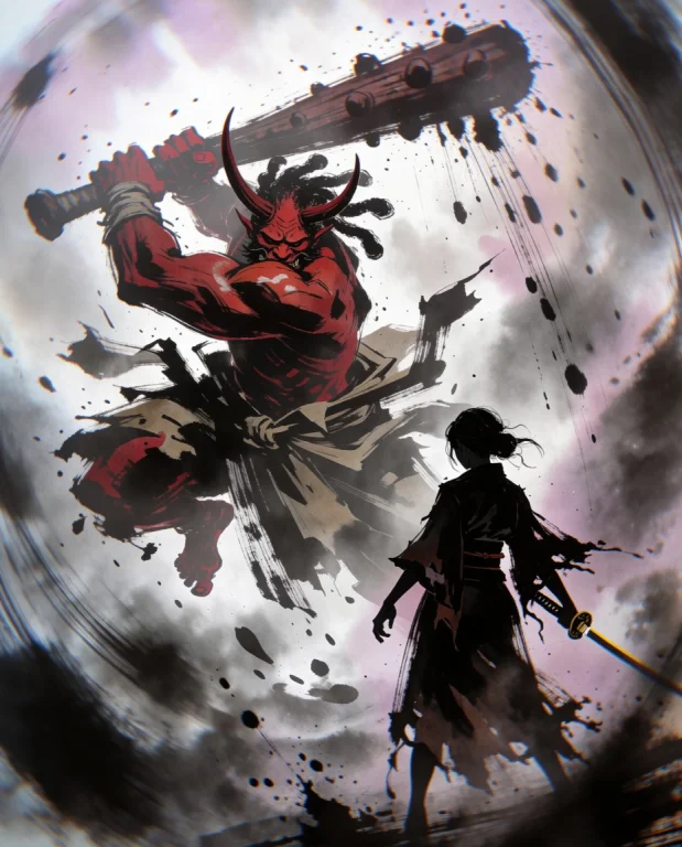 A Cinematic Ink Wash Painting Of A Muscular Red Oni Swinging...