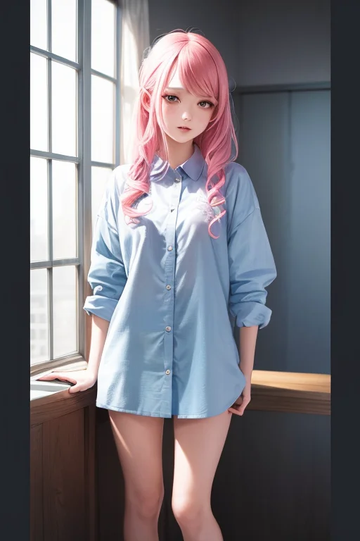1girl, Pink Hair, Blue Shirt, Full Body, Masterpiece, Best Q...