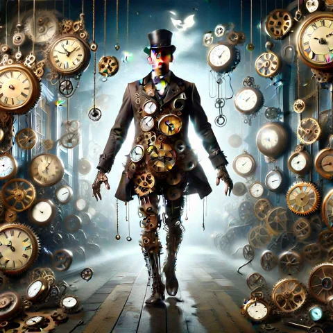 A Terrified Victorian Gentleman Literally Running Away From... — SDXL AI Prompt: A terrified Victorian gentleman literally running away from a gigantic clock lab...