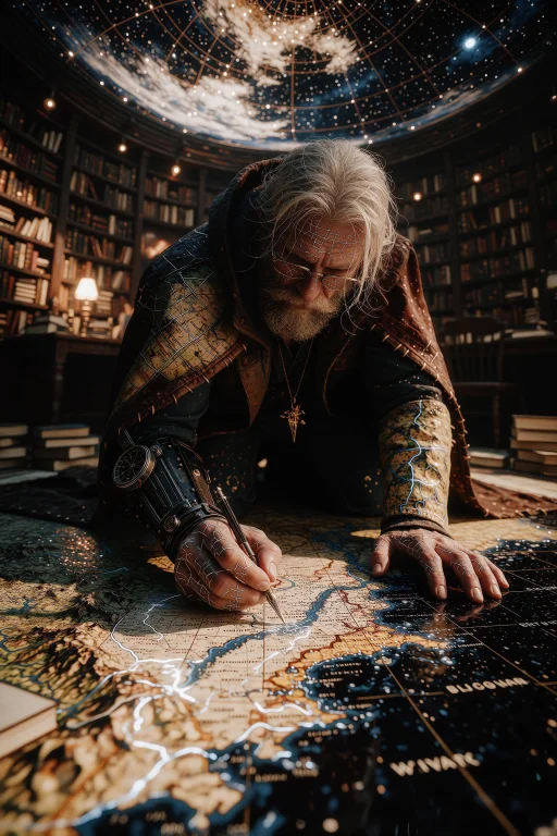 A Scholar, Now Fused With His Lifes Work, Kneels On A Vast,...